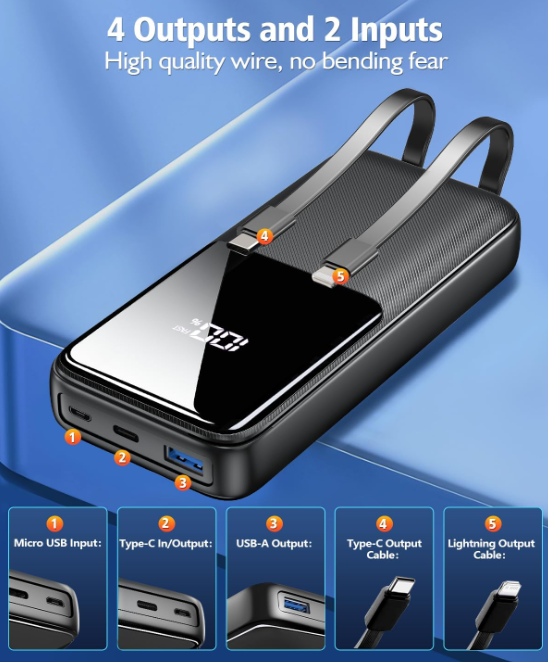 26800mAh Fast Charging Power Bank By Britebay with Built-in Cables, Portable Charger with 3 Ports & LED Display, High-Capacity Battery Pack Compatible with iPhone 17/16/15/14/13, Android & More – Black