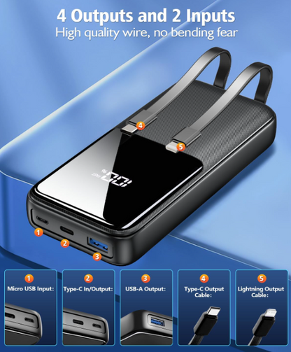 26800mAh Fast Charging Power Bank By Britebay with Built-in Cables, Portable Charger with 3 Ports & LED Display, High-Capacity Battery Pack Compatible with iPhone 17/16/15/14/13, Android & More – Black