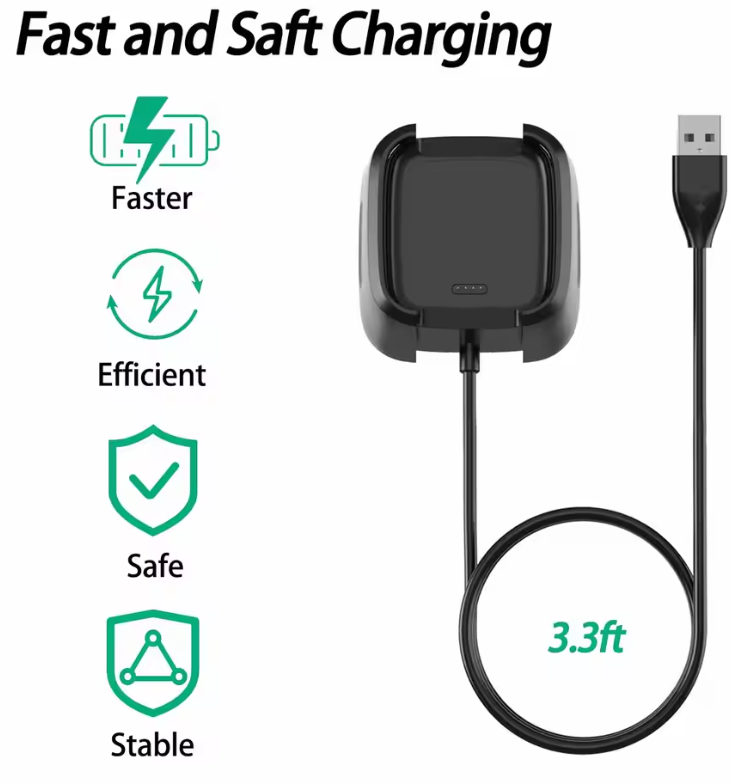Fast USB Charger Cable for Fitbit Versa 2 | Portable Smartwatch Charging Adapter By Britebay | Durable Replacement Charger Cord Accessories for Fitbit Versa 2
