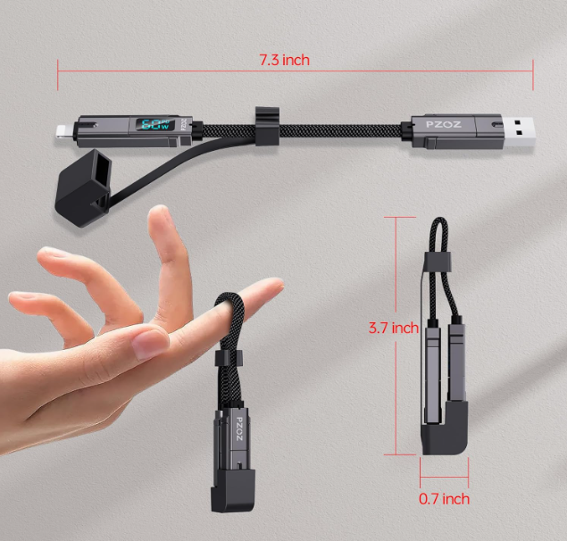 Multi Charger Cable 60W Keychain Charger Cable LED Display Chubby Cable USB Cable,USB C to Lightning/Typec to USB C/USB A to Lightning/USB A to USB C Fast Charging for iPhone11/12/13/14/15/16/17