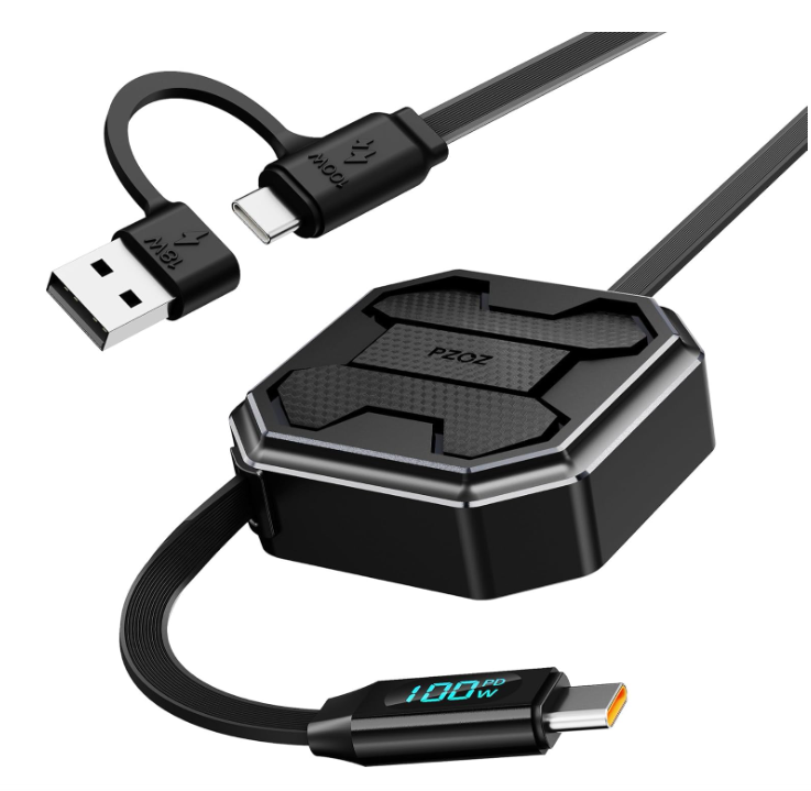 100W Retractable USB C Charger Cable LED Display 2 in 1 USB A to USB C/USB C to USB C Type C Charger Cable Fast Charging for iPhone iPad Air MacBook Samsung